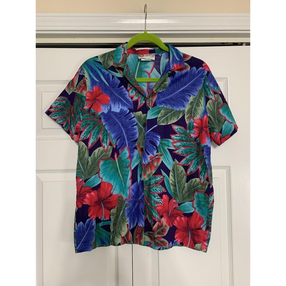 Hilo Hattie Tropical Floral Button-Down Shirt in Navy, Red, Green, Blue